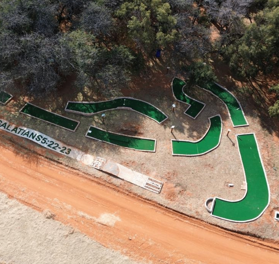 Aerial view of a mini-golf course laid out on the Solid Ground grounds.