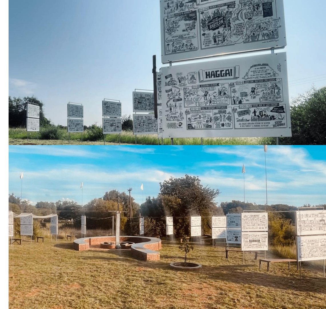 Outdoor Bible Project installation boards arranged in an open field.