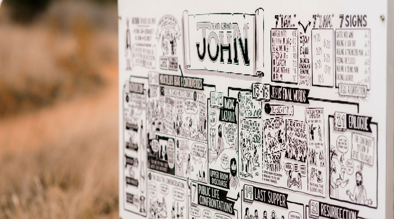 Hand-drawn Bible Project illustration of the book of John on display at Solid Ground